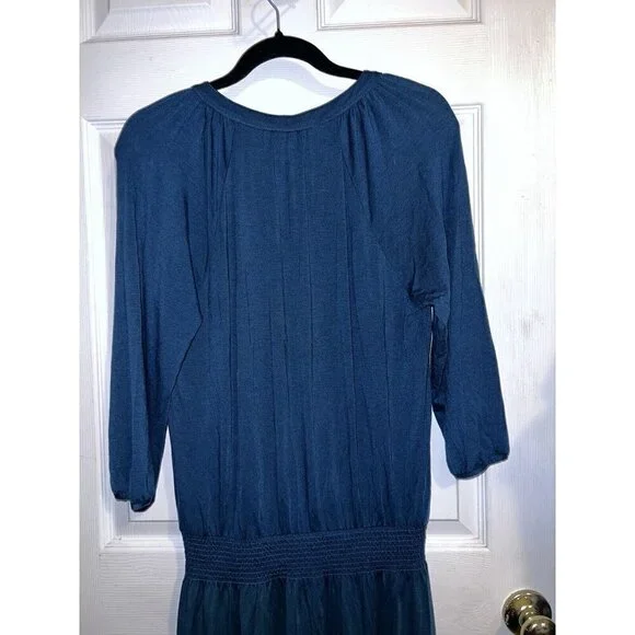 NWT GARNET HI V-neck 3/4 Sleeve Smock Waist Teal Tencell Blend Dress Sz S Boho - Picture 7 of 14